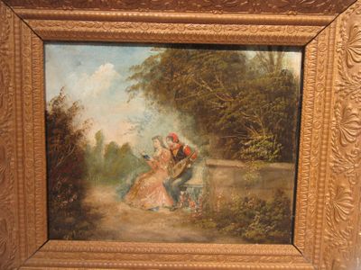 a picture of a painting of a man and a woman sitting on a bench