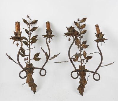pair of antique wrought iron wall sconces with leaves and flowers