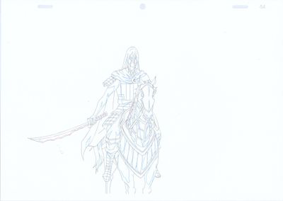 drawing of a man riding a horse with a sword in his hand