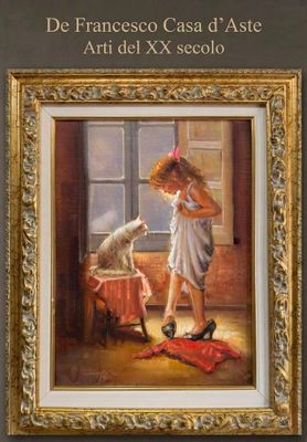 tableau représentant une jeune fille et un chat dans une pièce avec une fenêtre