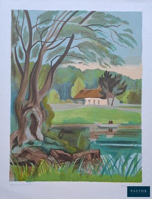une image d'une peinture d'une maison au bord de l'eau