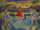 tableau représentant trois jeunes filles sur une jetée, avec la silhouette d'une ville en arrière-plan