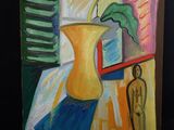 un tableau représentant un vase jaune contenant une plante verte