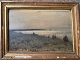 une peinture à l'huile représentant une vue sur l'océan avec un bateau au loin