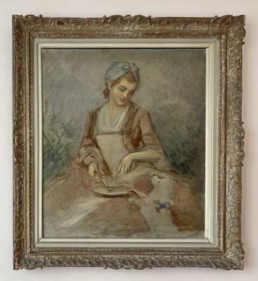 painting of a woman reading a book on a table in a room