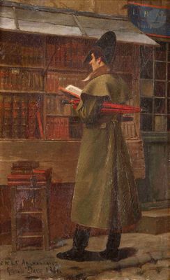 tableau représentant un homme en train de lire un livre devant une librairie