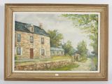 an oil painting of a house and a road in a country setting
