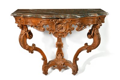 a table with a marble top and a wooden base