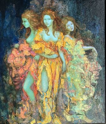 tableau représentant trois femmes en robe jaune, debout les unes à côté des autres