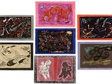 six tableaux de couleurs différentes, de formes et de tailles variées, sur un fond blanc