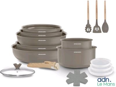 a lot of bowls and pans that are on the table