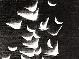 a black and white photo of a flock of birds flying in the sky