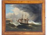 un tableau représentant un bateau sur une mer agitée, avec un phare en arrière-plan