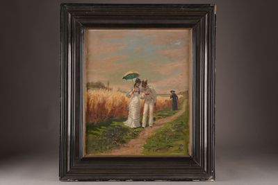 an oil painting of a couple walking down a path with an umbrella