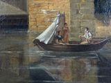 a painting of two people in a boat on the water