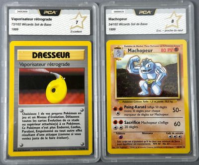 two pokemon trading cards with yellow and black designs on them
