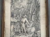 un dessin encadré représentant un homme et une femme dans un décor boisé
