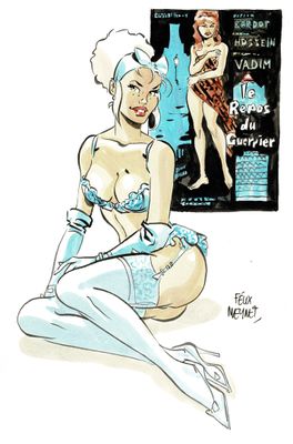 une illustration représentant une femme en lingerie assise par terre à côté d'une affiche