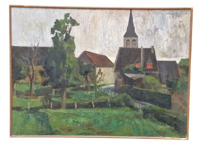 painting of a village with a church and a stream in the foreground