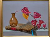 a painting of a vase and a book on a table