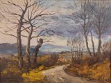 une peinture à l'huile représentant une route de campagne bordée d'arbres de chaque côté