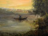 a painting of a man in a boat on the water
