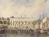 painting of boats in front of a large white building on a body of water