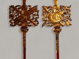 pair of antique brass and red wood handled spoons with handles