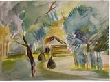 une aquarelle représentant une maison dans les bois
