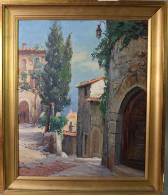 peinture à l'huile d'une scène de rue avec des bâtiments et des arbres