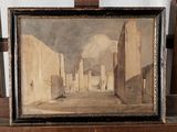 peinture sur chevalet représentant une scène de rue avec des bâtiments au loin