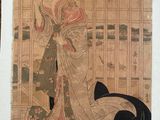 painting of a woman in a kimono dress with a black cat
