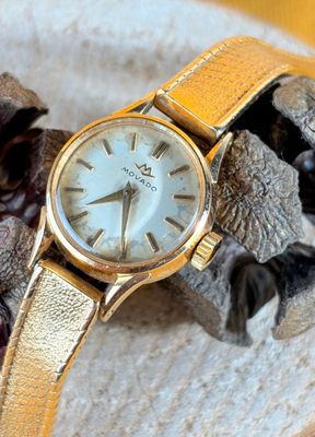 a gold wrist watch sitting on top of a pile of pine cones