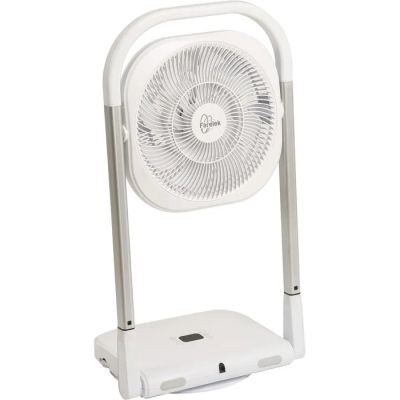 un ventilateur blanc posé sur un pied métallique