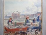 a painting of a group of people at a fish market
