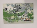 a picture of a painting of a boat in the water
