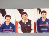 three pictures of a man in a blue jacket and a man in a white shirt
