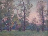 an oil painting of a field with trees and grass in the foreground