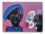 tableau représentant un homme portant un casque et tenant un skateboard devant un fond rose