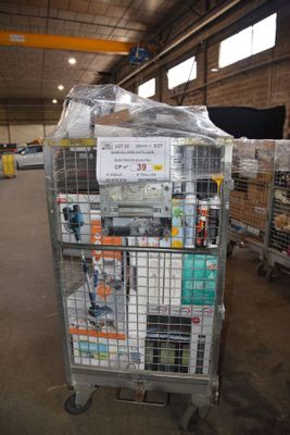 a cart with a lot of items in it in a warehouse