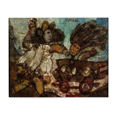 an image of a painting of a woman on a motorcycle
