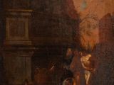an oil painting of a man and a woman in front of a building