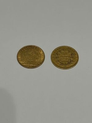 Deux pièces d'or sont posées l'une à côté de l'autre sur une surface blanche