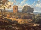 a painting of a castle in the middle of a field