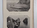 an old photo of a book with pictures of the sea and mountains