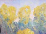 a painting of yellow flowers in a vase on a table