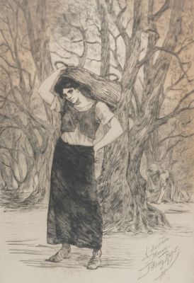 dessin représentant une femme portant un panier sur la tête devant un arbre