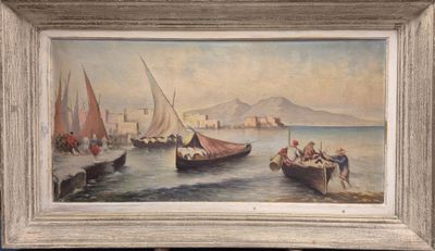 une image représentant un tableau montrant des bateaux sur un plan d'eau, avec une montagne en arrière-plan