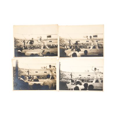 several black and white photos of a crowd of people in a stadium