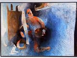 un tableau représentant un homme assis sur une chaise avec un chien